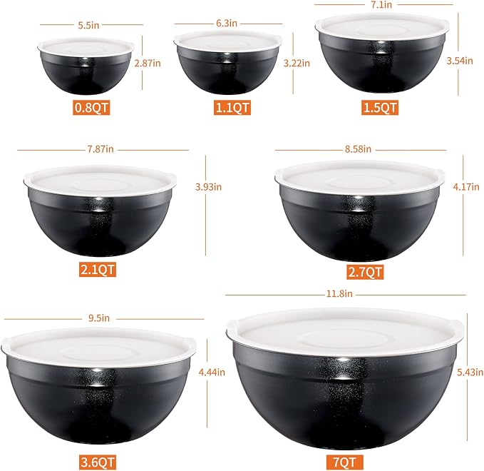 Black Mixing Bowls with Lids Set of 7, Stainless Steel Nesting Bowl with Khaki Lid for Non-slip Mixing Prepping Storing Serving, 7 Sizes-7/3.6/2.7/2.1/1.5/1/0.8 QT - Image 2