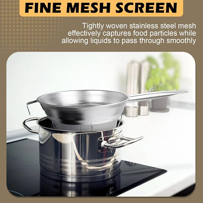 10" Chinois Strainer,18/8 Stainless Steel Conical Fine Mesh Bouillon Sieve | Heavy Duty China Cap Strainers with Stand for Sauces Soups Broth Purees Jam - Image 4