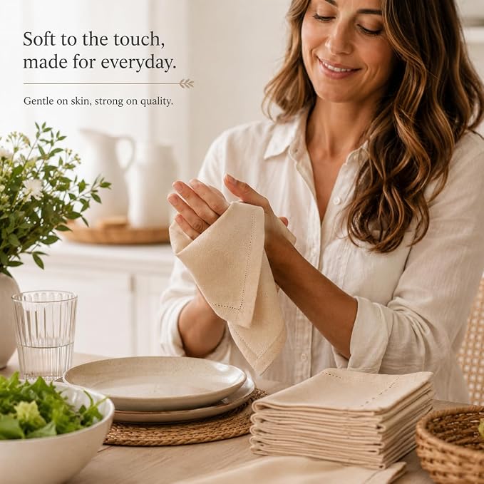 Linen Flax Cotton Cloth Dinner Napkins Set of 12-20x20 Natural Fabric with Hemstitched Mitered Corners - Machine Washable Wedding, Cocktail & Party Table Napkins - Natural - Image 9