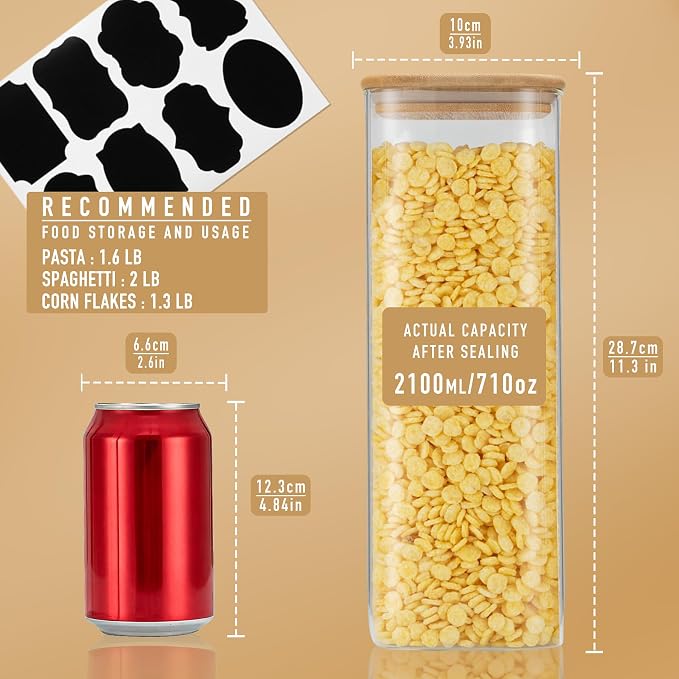 D2scrma 71oz Glass Square Storage Containers with Bamboo Lids Set of 3 (2100ml) Tall Food Storage Canisters Kitchen Jars for Pantry Organization Pasta, Penne, Macaroni, Lasagna, Fusilli - Image 2