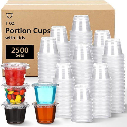 2500 Sets 1 Oz Clear Plastic Portion Cups with Lids Condiment and Dipping Sauce Container Salad Dressing Container Airtight and Stackable Souffle Cups for Lunch, Party, Trips by Bokon