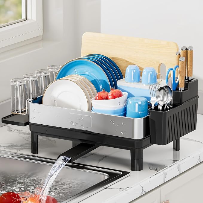 Dish Drying Rack, 304 Stainless Steel Dish Racks for Kitchen Counter | Dish Drainers with Automatic Drainage, Utensil Holder & Cups Holder, Space Saving Kitchen Organizer, Black by EwaiiraHomeStorageOrganizer