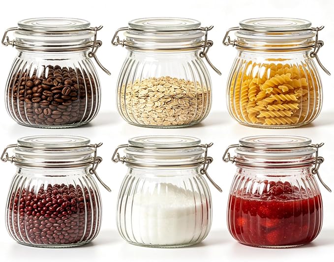 ComSaf Small Ribbed Glass Jars with Airtight Lids 17 oz 6 Pack Wide Mouth | Flour sugar coffee beans, Fermenting pickling, Farmhouse pantry decor, Jam jelly honey, Nuts snacks spices, Kitchen storage by ComSaf