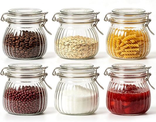 ComSaf Small Ribbed Glass Jars with Airtight Lids 17 oz 6 Pack Wide Mouth | Flour sugar coffee beans, Fermenting pickling, Farmhouse pantry decor, Jam jelly honey, Nuts snacks spices, Kitchen storage by ComSaf