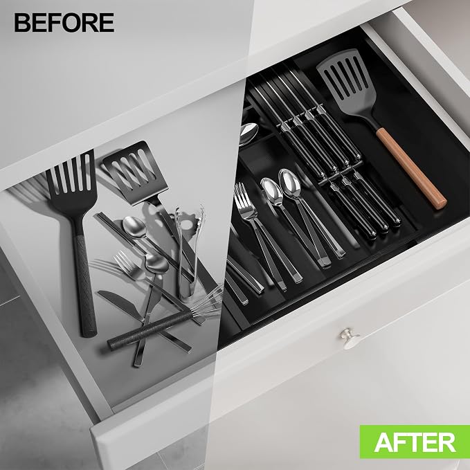 Bamboo Kitchen Drawer Organizer, Expandable Silverware Organizer with Removable Knife Block, 6-8 Slots- Utensil Holder & Cutlery Tray Drawer Dividers, 2.36" Deep for Extra Capacity, Black - Image 7