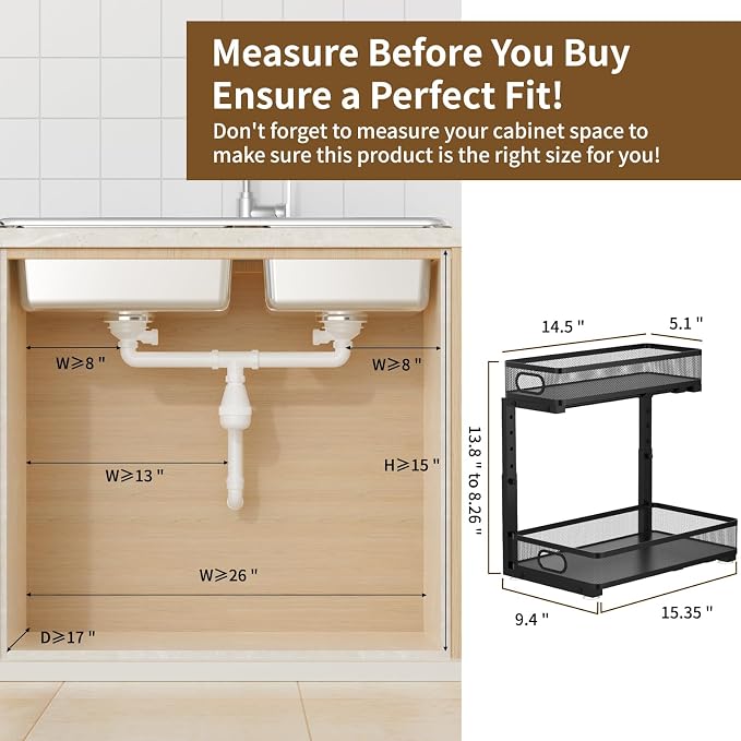 Under Sink Organizer 2 Pack, 2-Tier Slide Out Cabinet Organizer with Metal Sliding Drawer and Hooks, Pull Out Storage Baskets for Kitchen Bathroom Pantry Cabinet Organization (black) - Image 2