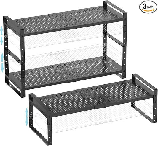 Expandable Shoe Rack Stackable Metal Pantry Storage Shelves Stand Adjustable Height Cabinet Shelf Organizer Racks Spice Shelving(3PACKS/BLACK,MEDIUM) by Goodqualityproducts