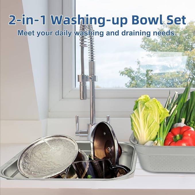 2-in-1 Stainless Steel Washing Up Bowl Set, 12.8" Sturdy Square Dish Tub with Colander, Fruit Vegetable Washing Basin for Sink, Food Grade Dishpan for Draining Rice, Pasta, Food Strainer Mixing Bowl - Image 5