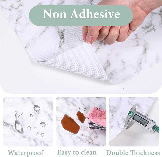 2-Layer Drawer and Shelf Liner for Kitchen Cabinet: 17 in X 39 Ft Non Slip | Waterproof Shelf Paper Non Adhesive Refrigerator Liners White Marble Easy Liners for Bathroom with Knife Tape Measure - Image 5