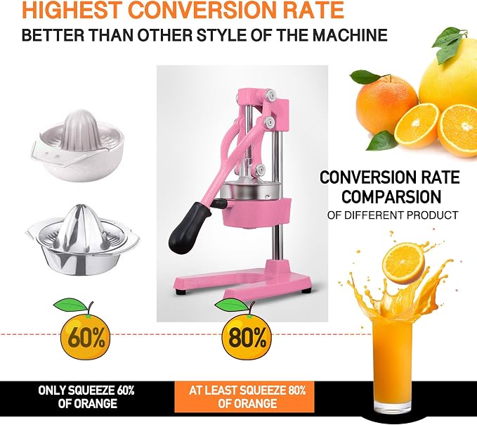 Commercial Heavy Duty Cast Iron Hand Press Manual Orange Citrus Lemon Lime Grapefruit Pomegranate Fruit Juice Squeezer Machine with Stainless Steel Cup Pink - Image 3