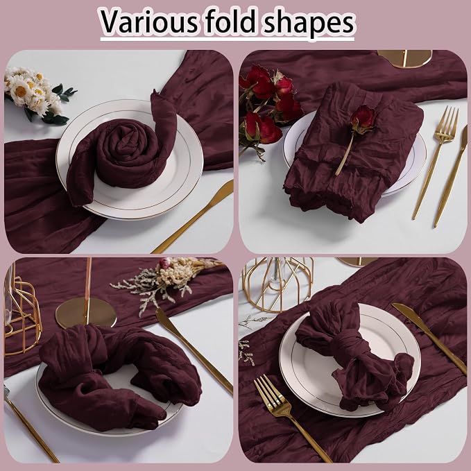 LZY 30 Pack Gauze Cheesecloth Napkins 20x20 Inch Dinner Cloth Napkins, Soft Boho Table Napkins Rustic Wrinkled Cheese Cloth Napkins Bulk for Wedding Party Baby Shower Event Decor (Burgundy) - Image 5