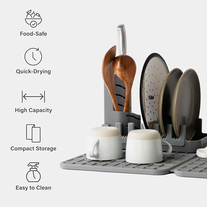 Dorai Home Collapsible Dish Drying Rack with Stone Dish Pad - Kitchen Counter Set with Diatomaceous Earth Stone Dish Mat for Quick Drying - Space-Saving Design - Large 24.6" x 16.5", Slate - Image 3