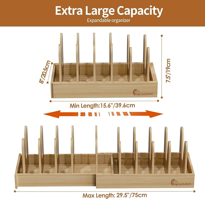 Housolution Bamboo Pot and Pan Lid Organizer Holder Storage Rack | 15"-29" Expandable, 10 Adjustable Dividers, Upgrade Solid Wooden Base, Easy Assembly - Image 6