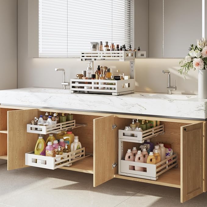 L-Shaped Metal Under Sink Organizer, 2-Tier Double Pull-Out Cabinet Organizer for Kitchen & Bathroom Storage, Height Adjustable, Smooth Cylinder Rail, White, 2 Packs - Image 8