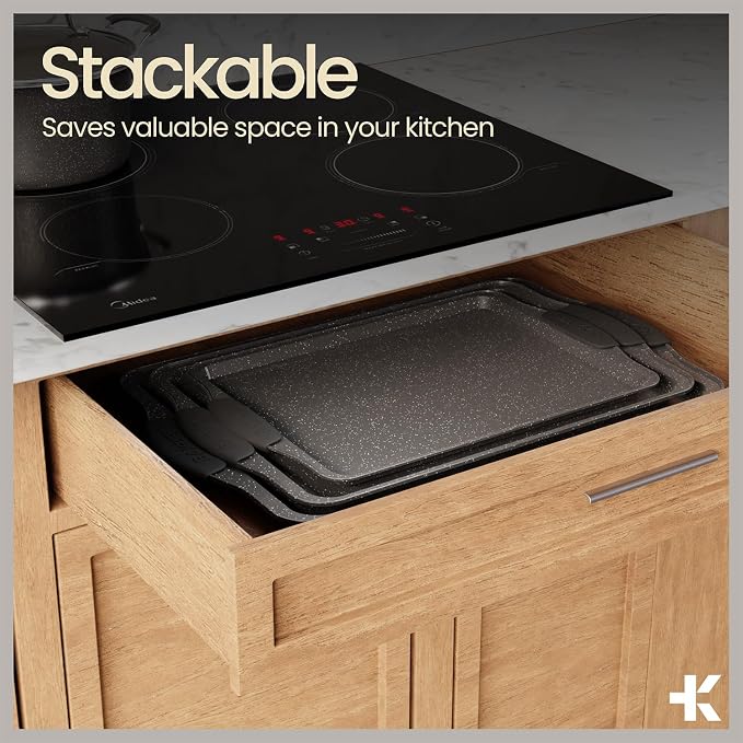 BAKKEN 8-Piece Kitchen Oven Baking Pans Set - Deluxe Nonstick Gray Marble Coating, Professional Grade Carbon Steel Bakeware with Silicone Handles - Oven, Dishwasher, and Freezer Safe - Image 6