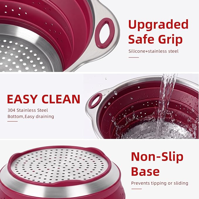 Collapsible Colander Set with Silicone Mat,2-in-1 Stainless Steel Colander for Kitchen, Foldable Metal Colander, Space-Saving for Pasta Veggies Fruit(PERSIAN RED) - Image 8