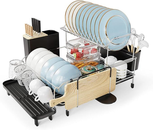Giantex Dish Drying Rack, 2-Tier Dish Rack with Drainboard and Adjustable Swivel Spout, Large Dish Drainer with Cutting Board Holder, Utensil Holder, Knife Holder and Cup Holder for Kitchen Counter by Giantex