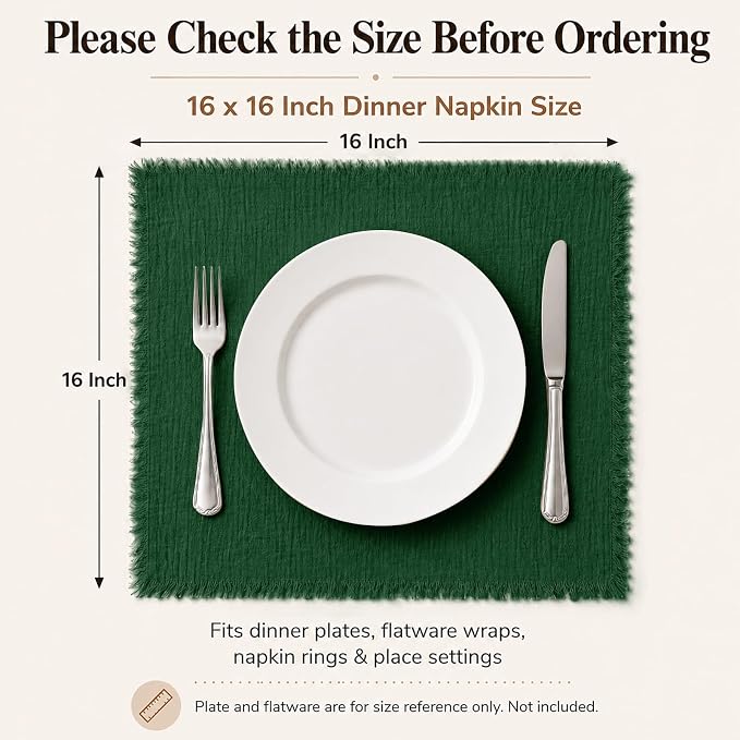 36 Pack Dark Green Cloth Napkins, 16 x 16 Inch Cotton with Fringe Settings | Handmade washable reusable cotton dinner napkins in bulk for weddings, parties, rustic boho table settings - Image 2