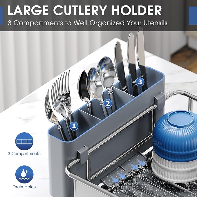 Urackify Stainless Steel Dish Drying Rack for Kitchen Counter, 16.9" x12.4" | Rustproof dish rack with utensil holder, 16.9" L x 12.4" W Large Capacity, Dish Drainer for Plates Dishes Sliverware, Grey - Image 3