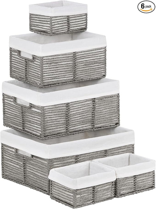 Wicker Storage Basket, 6 Pack Baskets for Organizing, Wicker Baskets with Handle, Rectangular Wicke Basket for Storage Shelves, Cube Storage Bins for Closet/Clothes/Dresser, Grey by Vagusicc