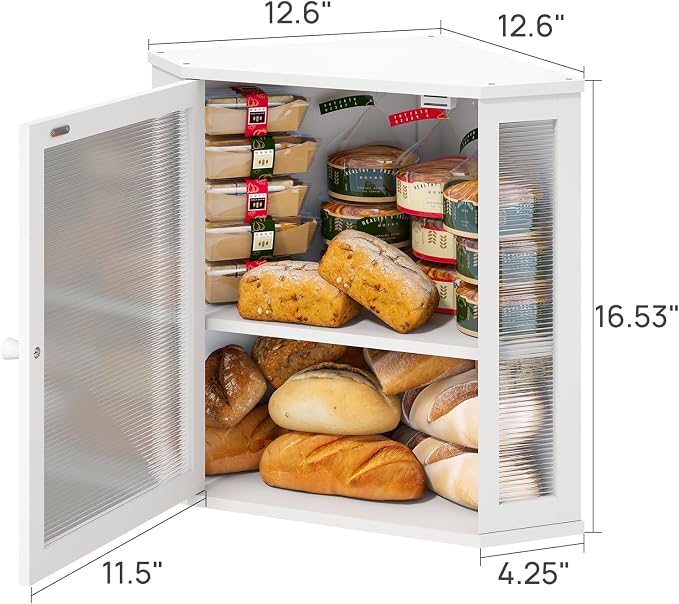 viewcare Corner Bread Box for Kitchen Counter, Bamboo Wood Large Capacity Bread Storage Bin with Acrylic Wavy Door Panel (White, Extra Large) - Image 4