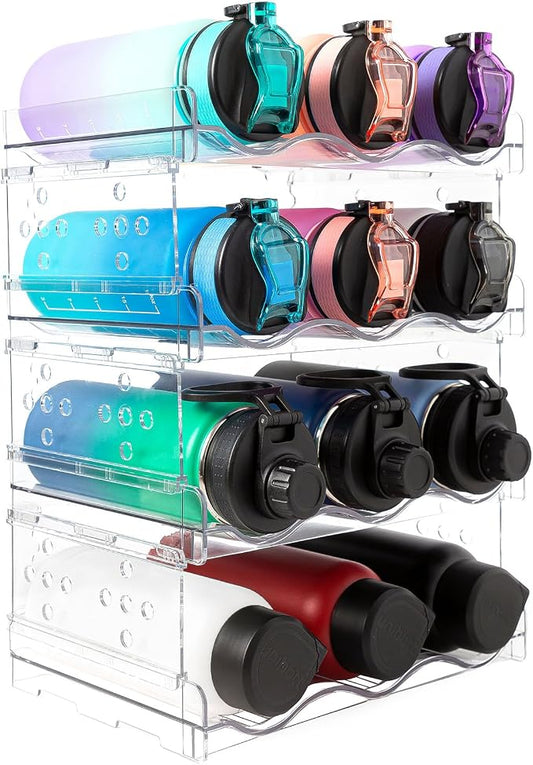 Water Bottle Organizer,4 Pack Stackable Cup Organizer for Cabinet,Countertop, Pantry and Fridge, Free-Standing Tumbler Kitchen Storage Holder for Wine and Drink Bottles,Clear Plastic by TYigao
