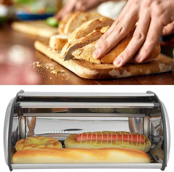 Stainless Steel Bread Box for Kitchen Countertop Bread Storage Bin with Roll Up Lid Large Capacity Bread Keeper 13x9.4x5.9inch - Image 6