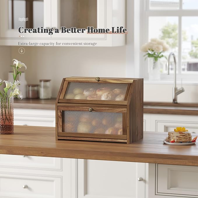 STDDRE Bread Box for Kitchen Countertop Large Double-Layer Wooden Corner Bread Box Farmhouse Bread Storage Bin Acacia Wood (Brown, Large) - Image 6
