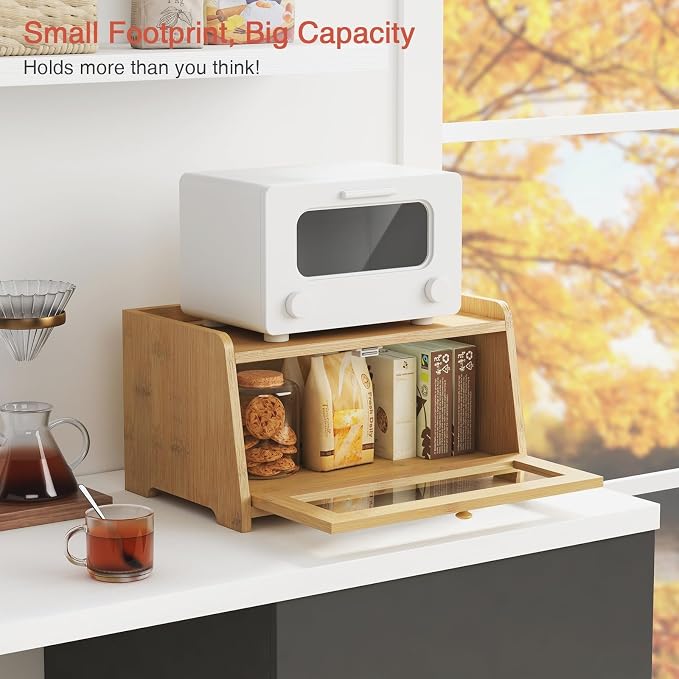 Goozii Wood Bread Box for Kithcen Countertop, Rustic Breadox Storage Container for Homemade Bread, Small Compact Bread Keeper Holder Organizer with Window (Natural Bamboo) - Image 3