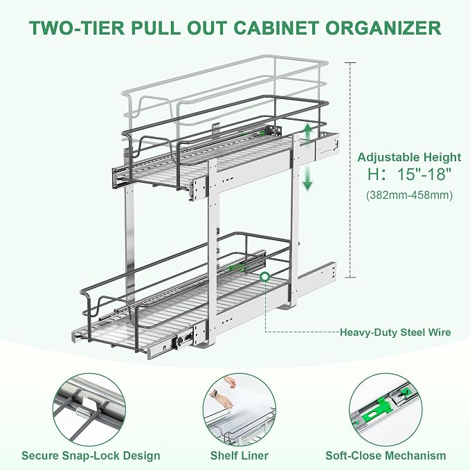 2-Tier Pull Out Cabinet Organizer (8" W x 22" D) | Soft Close Cabinet Slide Out Shelves, Heavy Duty Slide Out Drawers with Shelf Liner for Kitchen Cabinets, Pantry, Bathroom - Image 5