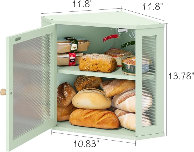 viewcare Corner Bread Box for Kitchen Countertop, Bamboo Wood Large Capacity Bread Storage Bin with Acrylic Wavy Door Panel, Green - Image 4
