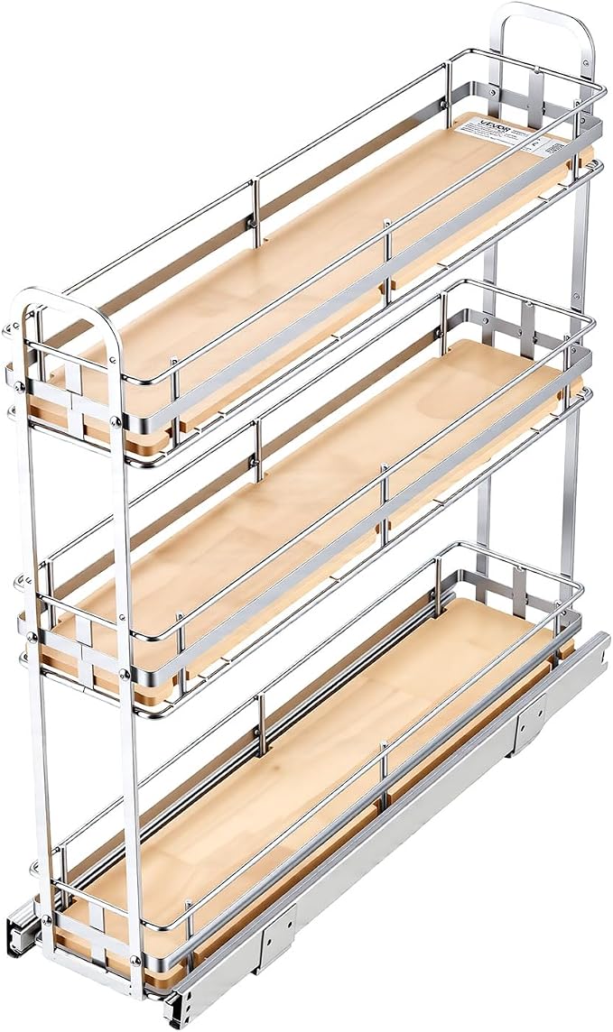 VEVOR Pull Out Spice Rack Organizer for Cabinet, 3 Tier Slide Out Spice Rack Organizer, Height Adjustable Heavy Duty Metal Seasoning Kitchen Basket for Cabinets, 5.75" W x 20.98" D x 21.34" H, Silver - Image 9