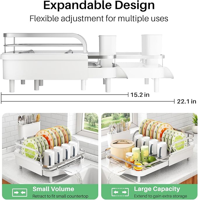 SAYZH Expandable Dish Drying Rack for Small Kitchen Counter, White | Stainless Steel, Protective Guardrail, Angled Drainboard, Fits High-Rim Sinks, Removable Utensil Holder - Image 2