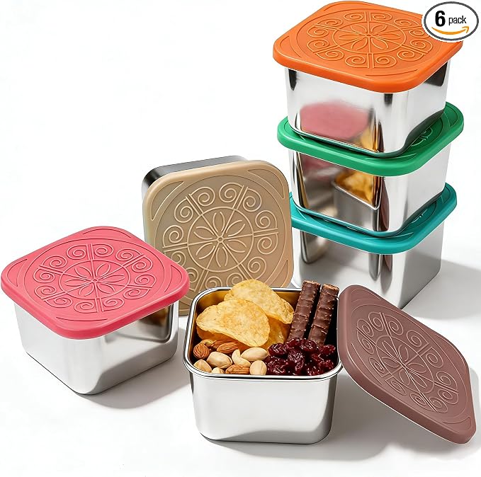 Snack Box Containers - 6 Pack 6oz Reusable Small Snack Containers with Silicone Lids, 304 Stainless Steel Metal Stackable Food Storage Cups, Salad Dressing Dipping Sauce for Travel, Picnic by Unknown