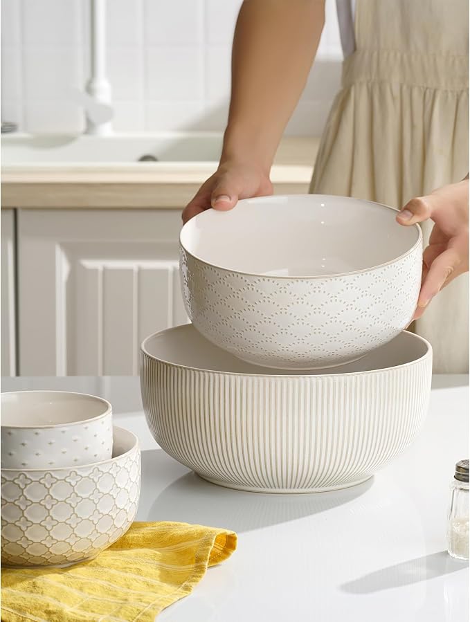 Mikiegy Ceramic Mixing Bowls Set of 4, Nesting Ceramic Embossment Stoneware Mixing Bowls for Cooking, Serving, Popcorn, Salad etc, Microwave & Dishwasher Safe, 20/44/98/145 oz, Off-White - Image 9