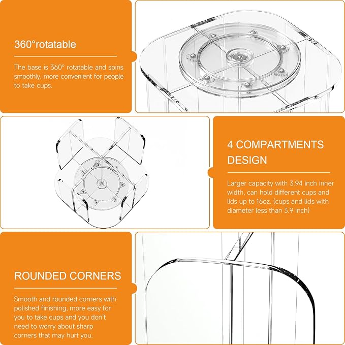 Beego Rotatable 4-Compartment Acrylic Cup Dispenser - Coffee Station Cup and Lid Carousel Countertop Plastic Cup Holder for Restaurant Breakroom Coffee Bar - Image 8