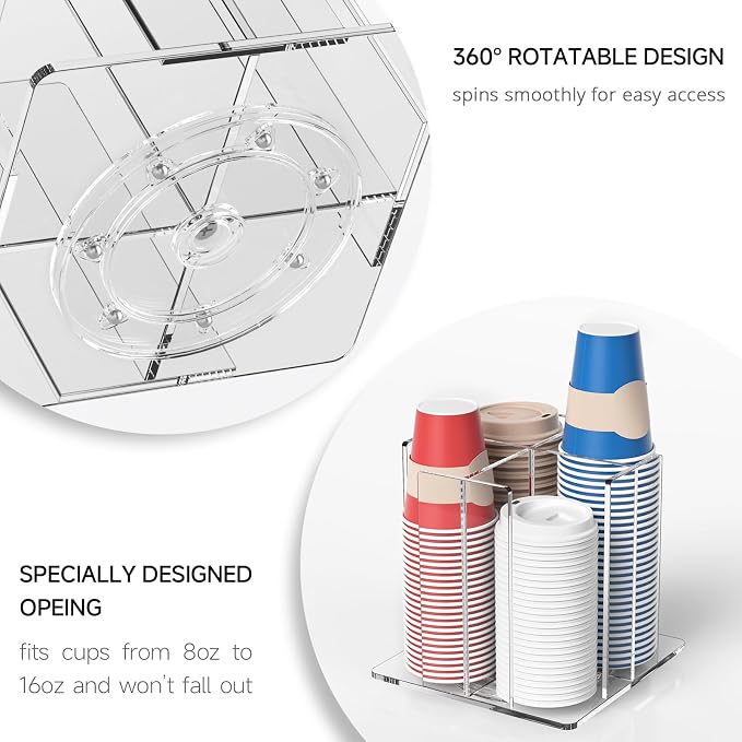 KOTEMON Cup and Lid Holder, 4 Compartment, Square | Rotating Coffee Cup Dispenser Lid Carousel for Restaurant, Buffet, Coffee Station, Bar, Countertop, Clear Acrylic - Image 7