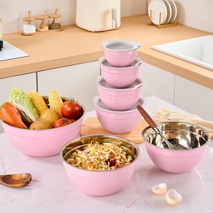 Pink Mixing Bowls with Airtight Lids, Stainless Steel Nesting Mixing Bowls Set of 7, Ideal for Baking, Prepping and Serving Food, Size 7, 3.6, 2.7, 2.1, 1.5, 1.1,0.8 QT, Stackable Design - Image 8
