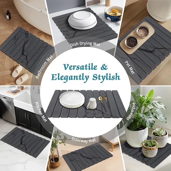Stone Dish Drying Mat for Kitchen Counter, 24 x 16 Inch(Dark Gray Marble) | Absorbent diatomaceous earth and PVC, folds for compact storage, suitable for dishes, cups, bottles, or a bathroom floor mat - Image 7