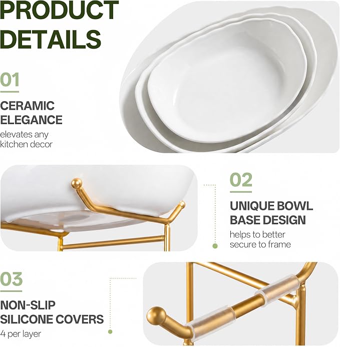 HBlife Large Fruit Bowl for Kitchen Counter - 3 Tier Fruit Basket with Gold Metal Stand, Ceramic Fruit Holder, Tiered Serving Trays for Party - Image 3