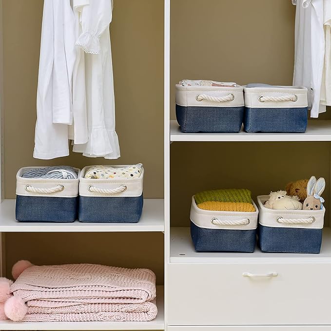 Storage Bins for Shelves - 12x8x5.2 inch 1 Pack Baskets for Gifts Empty, Fabric Storage Cubes for Closet Organizing Dog Gift Cloth Toy (White & Jean Blue) - Image 2