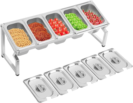 Expandable Stainless Steel Spice Rack Set,13.98"-41.3" Adjustable Countertop Seasoning Containers, Inclined Organizer Shelf w/ 5 1/9 Pans for Sauce Ingredients Fruits Toppings (5 Pans) by Okasiki