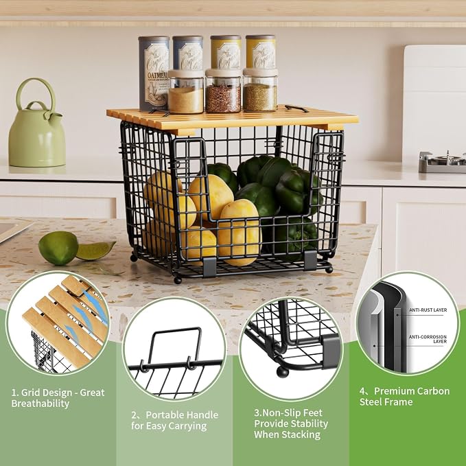 Wire Storage Basket for Kitchen Pantry: Stackable Kitchen Counter Organizers - Wire Organizing Bin for Produce Vegetable Potato and Onion Black - Image 5