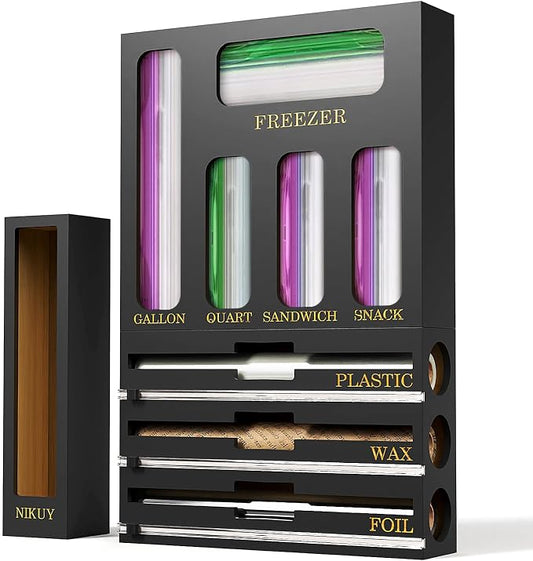 9 IN 1 Bamboo Foil and Plastic Wrap Organizer for Kitchen Drawer, Plastic Bag Organizer Organization and Storage, Food Storage Bag Organizer (BLACK) by NIKUY