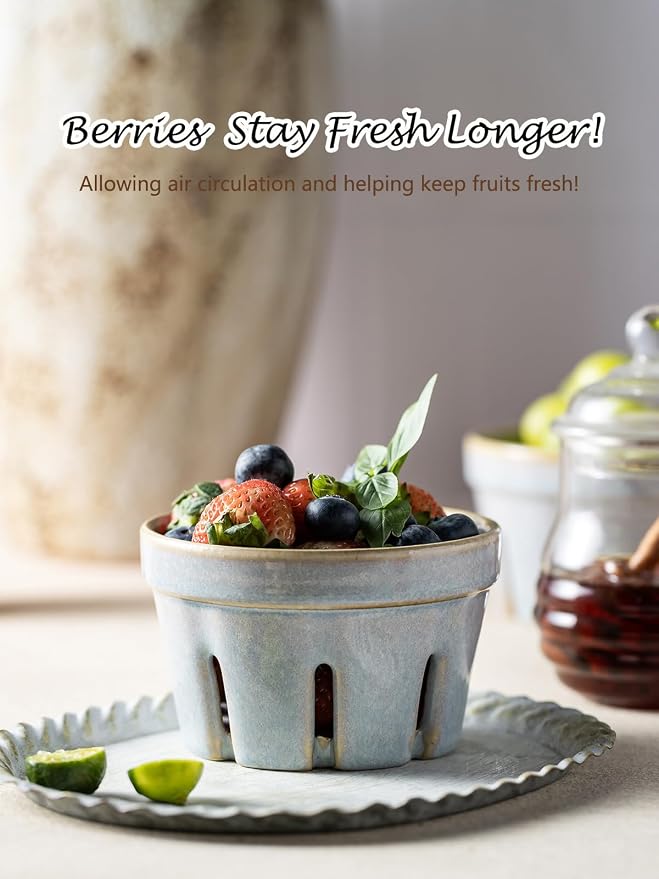 Gomakren Ceramic Berry Basket Set of 2, Small Fruit Bowl Colanders, Gray | Drain Holes Keep Berries Fresh, Stackable, Wash & Serve, Round Strawberry Basket for Fridge Kitchen Counter, Lovely Home Gift - Image 5