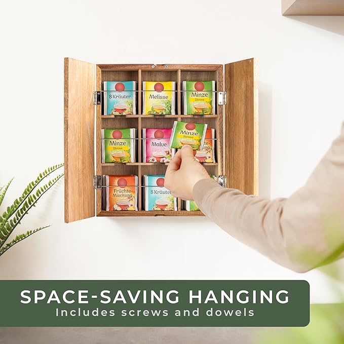 WALDWERK Tea Storage Organizer (9 Compartments) - Tea Organizer Made of Solid Acacia Wood - Tea Box with Wall Mounting Option - Tea Organizer and Storage - Tea Bag Holder - Plastic Free Tea Holder - Image 3