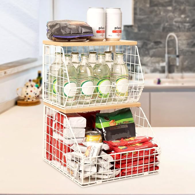 Mefirt White Fruit Bowl, 2-Tier Fruit Basket for Kitchen Counter, Stackable Wall Mounted Veggie Storage, Snack Organizer, Potato and Onion Storage Basket, Hanging Pantry Organizer with Wood Lid, 2 Set by Mefirt
