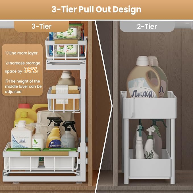 Under Sink Organizer and Storage - 3 Tier Cabinet Pull Out Shelf Organizers | 2 Pack 3 Tier under sink storage for Bathroom and Kitchen - Slide Out Drawer Organization for Home Cabinets Shelve and Drawer - Image 5