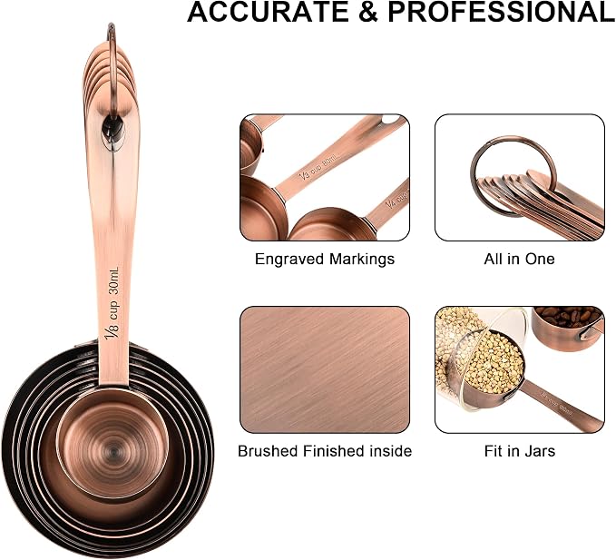 Measuring Cups and Spoons Set, Copper Measuring Cups and Spoons Set 17, Stainless Steel Metal 7 Measuring Cups and 9 Measuring Spoons with 1 Leveler for Kitchen & Baking - Image 5