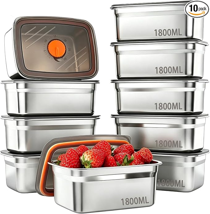 10 Pack 63oz Stainless Steel Food Storage Containers with Lids | BPA Free Leak Proof Metal Meal Prep Reusable Lunch Bento Boxes Women Kids for Gym, Picnic, Office, Outside, Dishwasher Safe by HCKTADD